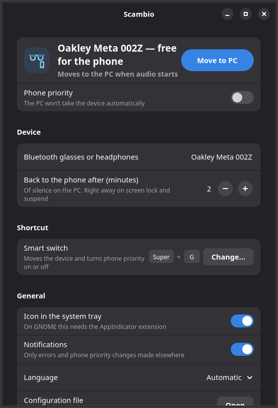 Scambio's settings window on Linux, with the Move to PC button and Phone priority